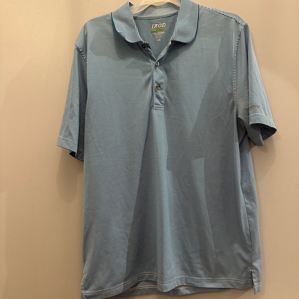 IZOD Performance Golf Men's Blue Striped Polo Shirt. Men’s Large Slim Fit.